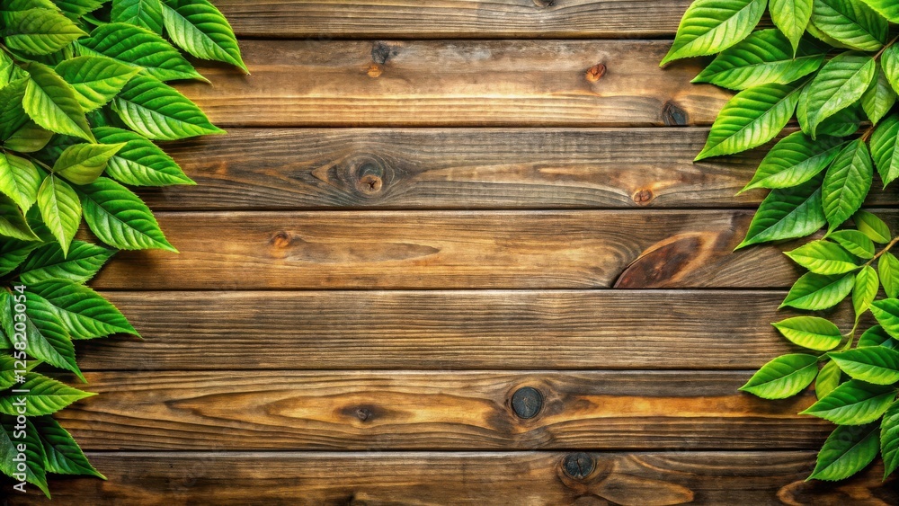 Poster a rustic wooden background with vibrant green leaves adorning the corners, providing a natural and i