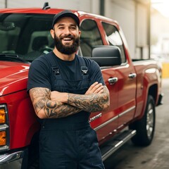 Tattooed man posing in front of his pickup truck, showcasing his style and rugged personality.

