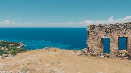 Seaside Ruins Overlooking Serene Waters Under a Sky of Clouds and Azure Ocean in Landscape Setting