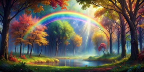 A Serene Forest Enchantment with a Rainbow Arching Over a Tranquil River and Lush Greenery