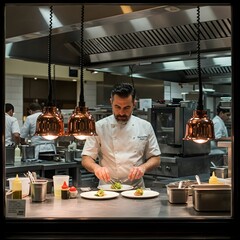 Head chef preparing a meal in the kitchen, showcasing skill and precision in crafting a delicious dish.

