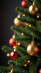 Close-up of Christmas tree branches with sparkling baubles and blurred light, Seasonal Captions, Holiday Cheer, Shiny Baubles