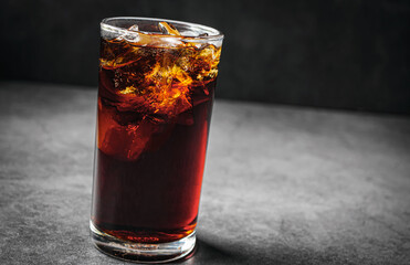 Cola soft drink with ice cubes, soda pop fizzy drink in Cold glass on gray background