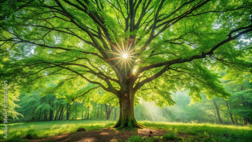 Poster sunlight filtering through the canopy of a majestic tree, casting a radiant glow on the verdant fore