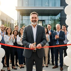 Director cutting the red ribbon at the opening of a new branch, symbolizing business growth and success.

