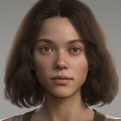 Naklejka premium A highly detailed, hyper-realistic close-up portrait of an AI-generated human face. This digital artwork features lifelike skin textures, expressive eyes, and natural lighting.