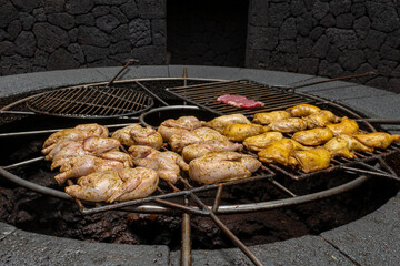 Food cooked by the fire of the volcano in the Timanfaya National Park in Lanzarote in Spain in 2024