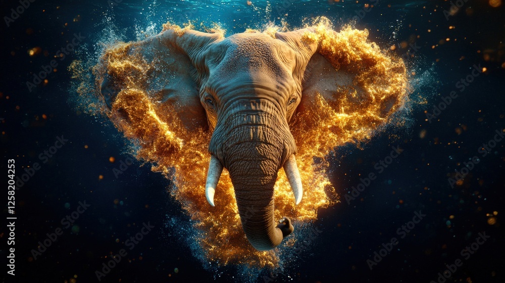 Poster underwater view of an elephant with fire emerging from its trunk in a tranquil water setting