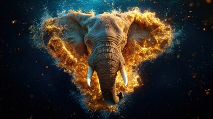 Underwater view of an elephant with fire emerging from its trunk in a tranquil water setting