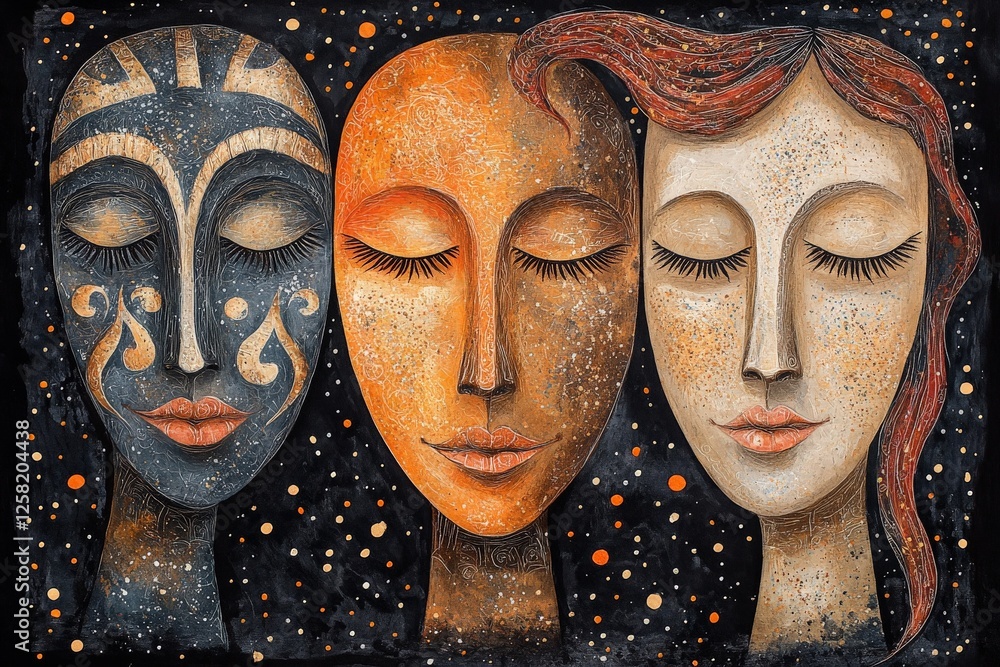 Aufkleber three abstract faces in vibrant colors represent diversity and unity against a dark background