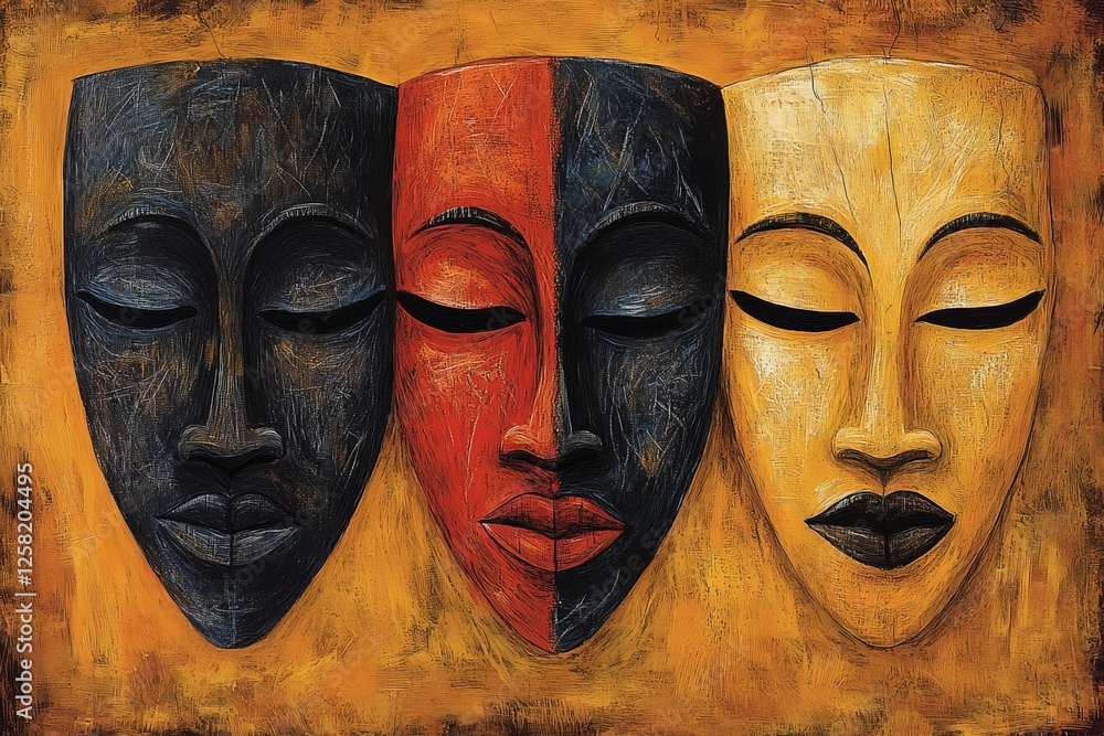 Poster three abstract masks representing diversity and unity in artistic expression