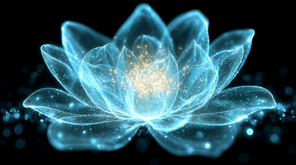 Glowing Celestial Lotus, Digital Art, Sparkling Petals Radiate Light Mystically in Dark Background