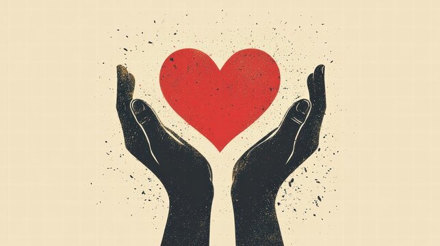 Logo of two hands holding a red heart, simple flat vector design.