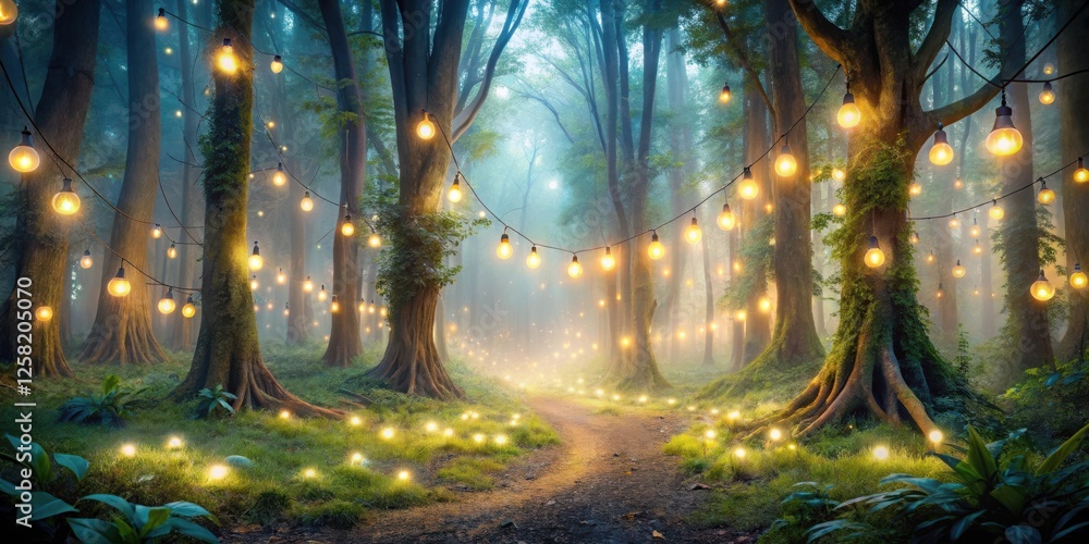 Poster A magical forest path illuminated by string lights, creating an enchanting ambiance. The path leads through the misty woods, inviting exploration and wonder.