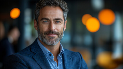 Confident Man in Blue Suit:  A mature man with a distinguished gray beard and warm eyes exudes confidence in this close-up portrait. He is dressed in a sharp blue suit against a warm background.