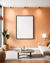 Frame mockup. Living room wall poster mockup. Interior mockup with house background. Modern interior design. 3D render. Orange color