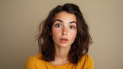Fototapeta premium surprised young woman in mustard yellow sweater