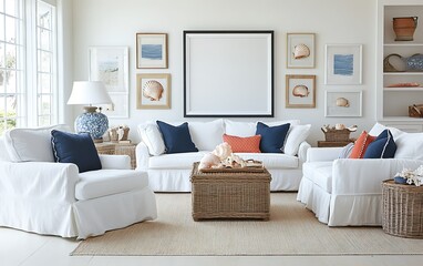 Coastal living room, white furniture, seashell decor, bright interior