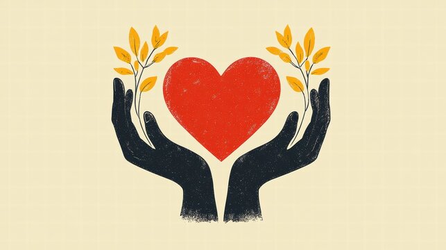 Logo of two hands holding a red heart, simple flat vector design.