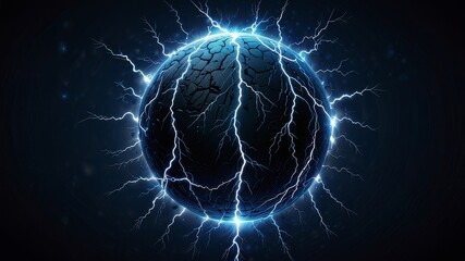 Spectacular thunder and lightning surround blue electric ball. Power energy sphere surrounded electrical lightnings vector background 