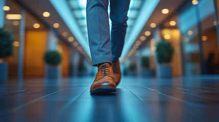 Obraz premium Confident Steps: A low angle view focuses on the polished brown leather shoes of a confident businessman walking through a modern, bright hallway, creating a dynamic and aspirational image. 