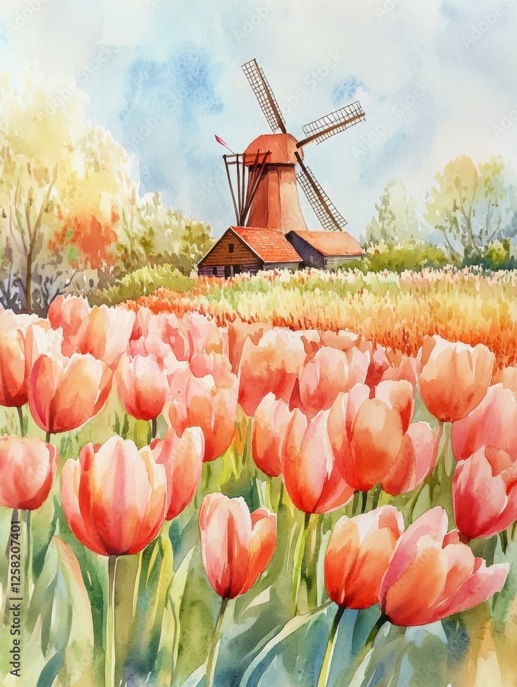 Poster Bright tulip fields with windmill in spring, showcasing vibrant colors and serene landscapes. Generative AI