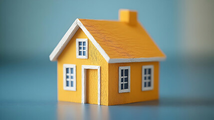 Yellow house model, home ownership, blue background