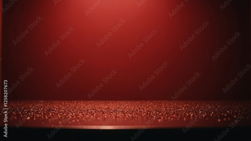 Poster a shimmering surface covered in sparkles, illuminated by soft light against a red backdrop
