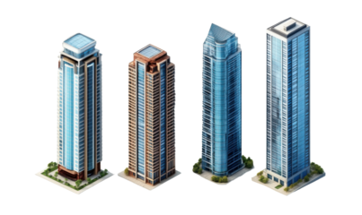 Modern Metropolis Skyline: An isometric illustration showcasing four towering skyscrapers, each with distinct architectural designs and gleaming glass facades, isolated on transparent