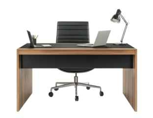 Modern Office Desk Setup: A sleek, contemporary workspace featuring a stylish wooden desk with black accents, a comfortable black leather office chair, isolated on transparent