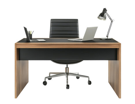 Modern Office Desk Setup: A sleek, contemporary workspace featuring a stylish wooden desk with black accents, a comfortable black leather office chair, isolated on transparent
