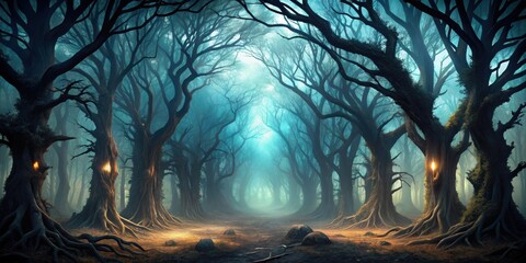 Fototapeta premium A path through a mystical forest with ancient trees, glowing with an ethereal light. The air is thick with fog, creating an atmosphere of mystery and wonder.