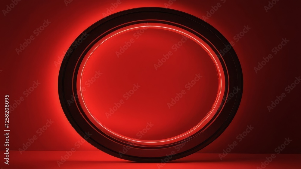 Poster a captivating circular light design with a glowing inner ring against a deep red backdrop