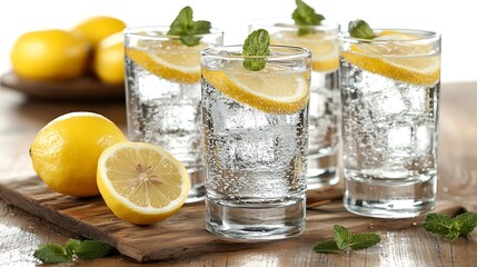Fototapeta premium A fizzy lemon soda with lemon slices and ice cubes