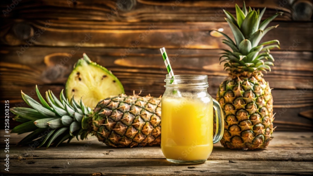 Poster freshly made pineapple juice in a glass jar with a straw, surrounded by whole and sliced pineapples 