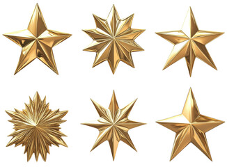Obraz premium Golden Star Collection: A set of six golden stars, each with a unique design and intricate detail. The stars are isolated against a transparent background. 