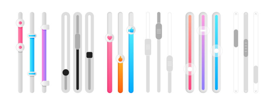 Scroll bars vector set. Vertical colored sliders or scrollbars. Web design elements for website or internet page. Menu graphic ui interface scrolls control, brightness controllers and volume sliders