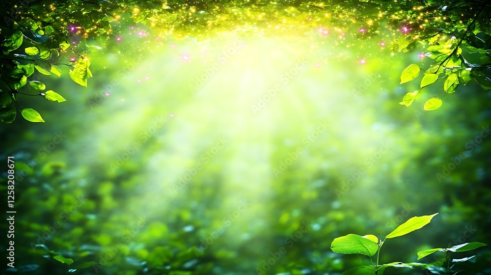 Poster serene forest canopy with sunlight rays illuminating greenery and sparkling celestial dusting