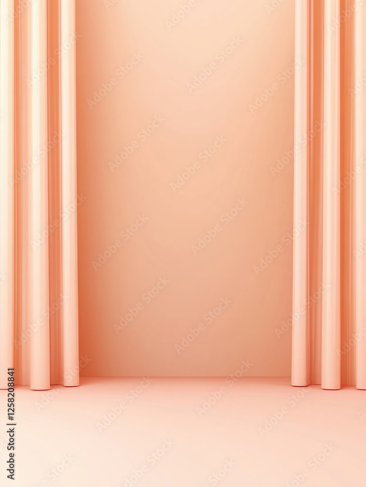 Aufkleber salmon-colored backdrop with draped curtains framing an empty space for product display. ..
