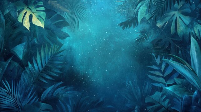 Lush tropical foliage frame on a dark blue background with glowing particles.