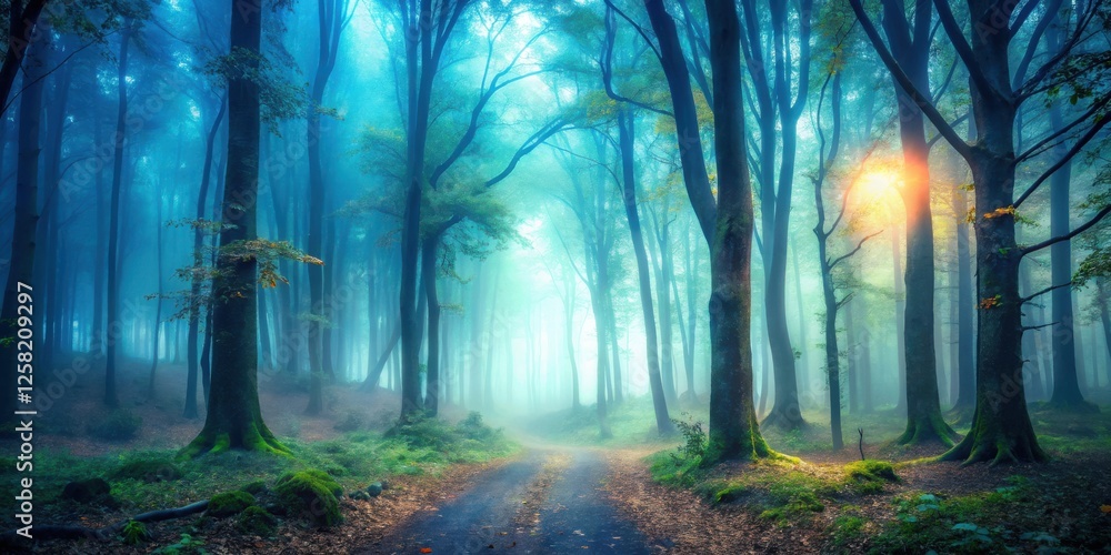 Aufkleber a mystical path through a foggy forest bathed in the soft glow of the setting sun