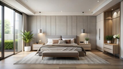 Modern bedroom interior design with a spacious bed, minimalist bedside tables, and a sleek ottoman, complemented by natural light filtering through large windows and a decorative plant