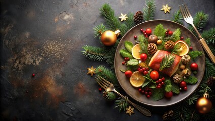 Festive Holiday Table Setting with a Christmas Ornament and Pine Branches Surrounding a Plate Decorated with Fresh Herbs, Fruit Slices, Berries, and a Piece of Meat