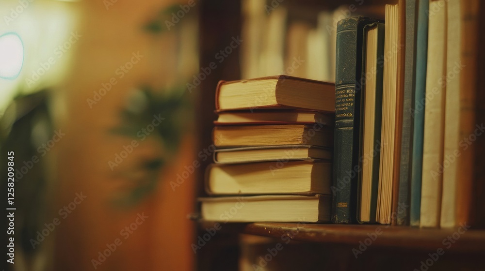 Aufkleber stack of classic books on a rustic wooden shelf inviting contemplation in a cozy reading nook. gener