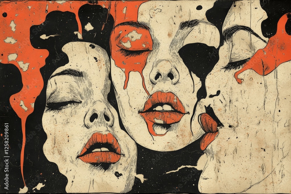 Poster artistic depiction of three abstract faces with flowing colors blending together in expressive forms