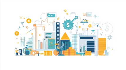 Fototapeta premium A modern isometric illustration of urban economic development, featuring skyscrapers, construction cranes, financial symbols like dollar signs and gears, and workers engaging in technology-driven task