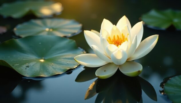 Single white lotus emerging from dark water, sunlight on petals, macro, elegant
