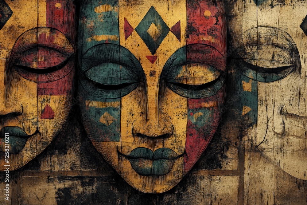 Poster Colorful abstract art featuring faces with intricate designs and patterns created on a wooden surface in a vibrant style