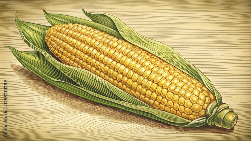 Poster a close-up view of a single ear of corn, with its husks partially pulled back to reveal the golden k