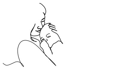 Baby and mom in line art style. mother and baby stylized vector symbol, mom hugs her child logo template